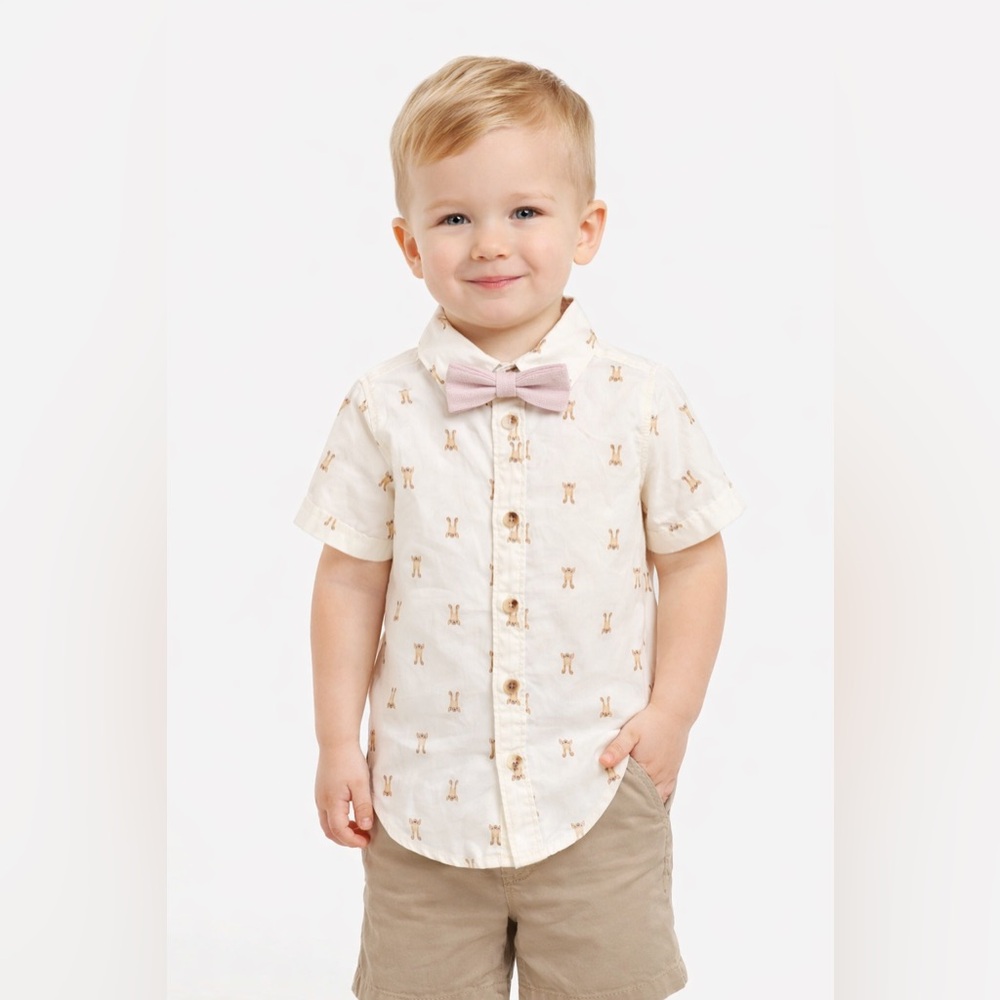 Super cute Old Navy toddler button-up shirt with matching pink bow tie‎ 🐰🎀